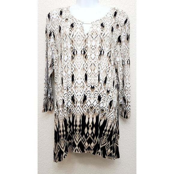 Ruby Rd. Brown Tan Black Geo Print Top XL Lightweight Soft Stretchy Round Neck - Picture 1 of 5
